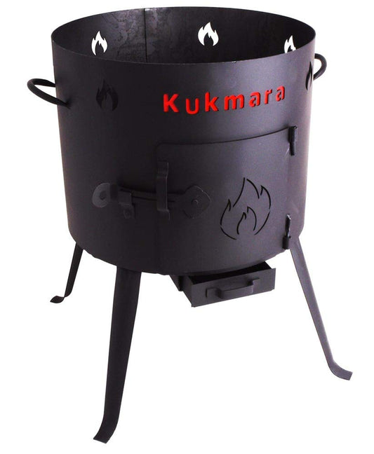 Utschak Outdoor Kochstelle für 7L Kasan – H56 D32 cm: Zylindrische, schwarze Metallkonstruktion zum Betreiben eines 7L Kasan im Freien.