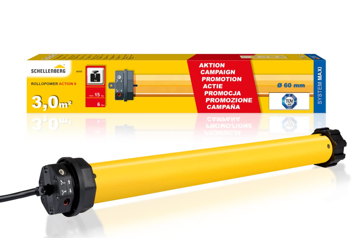 Schellenberg 20222 Rolladenmotor Maxi Action für 60 mm Achtkantwellen, Rohrmotor mit Wellenadapter und Wandlager