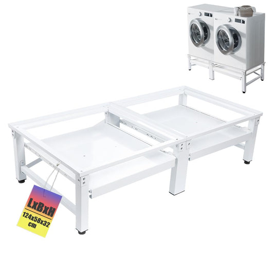Doppel Untergestell für WM/Tumbler – 2 Auszüge, 32cm, Weiss. Weißes, rechteckiges Gestell mit 2 Auszügen. Erhöht Geräte, bietet Ablage.