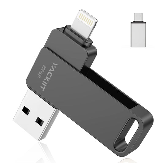 Vackiit USB Speicherstick 256GB, rechteckig, silberfarben, mit Lightning- und USB-C-Anschlüssen für Datentransfer zwischen Geräten.