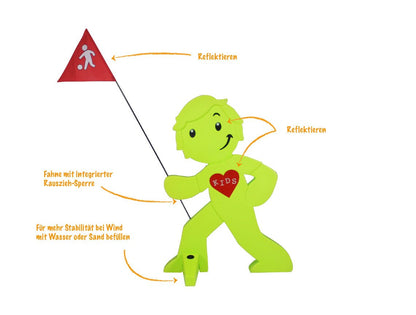 StreetBuddy Warnfigur mit Fahne – Kindersicherheit Warnaufsteller Grün