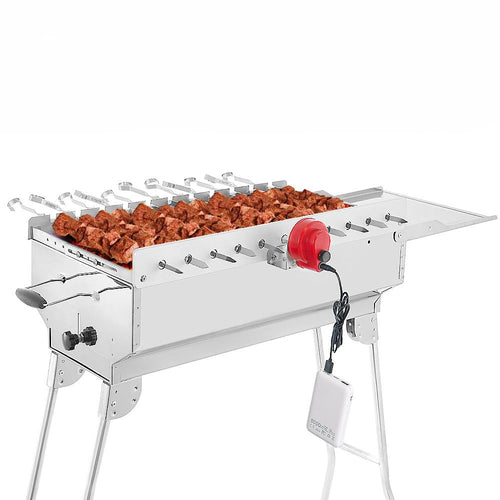 BEM Rambo Mangal Schaschlikgrill mit Motor, Powerbank und 11 Spiesse, klappbarer Holzkohlegrill aus Stahl