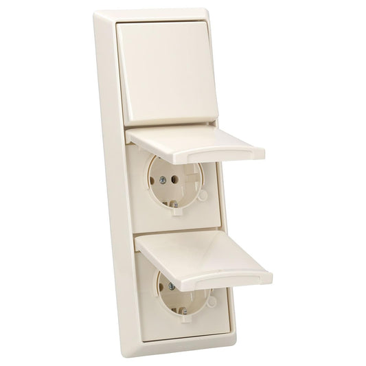 Busch-Jaeger Allwetter 44 Set – Steckdosen & Schalter IP44 Weiss UP. Weisses Unterputz-Set zur geschützten Stromversorgung und Schaltung in feuchten Umgebungen.