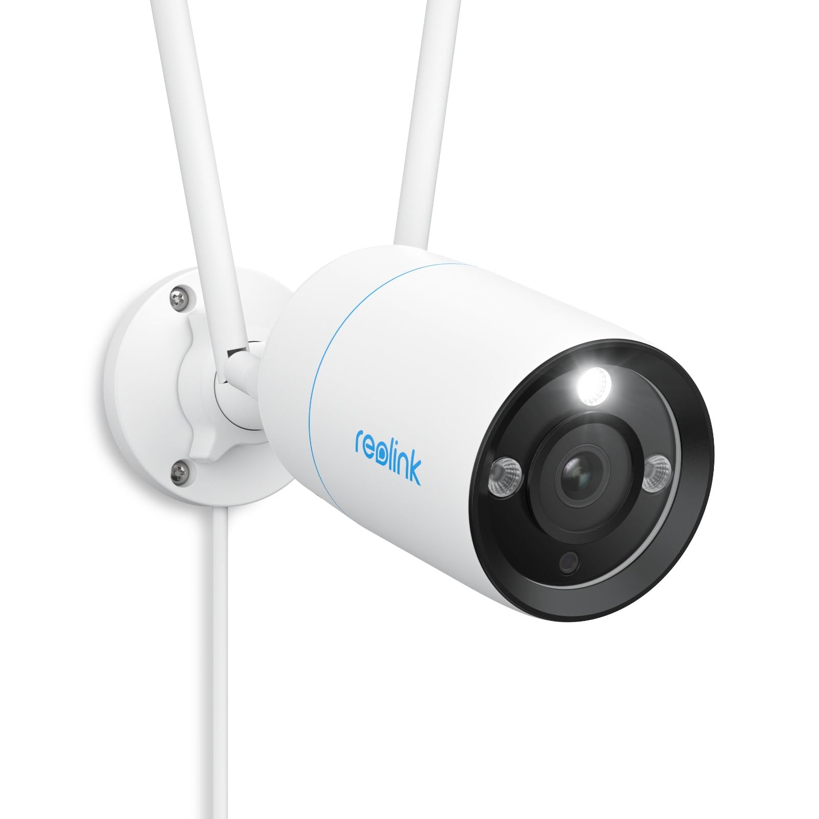 Reolink RLC-810WA 4K Wi-Fi 6 Überwachungskamera - Outdoor: Weiße, zylindrische Kamera mit Antennen zur 4K-Videoüberwachung von Außenbereichen via Wi-Fi 6.