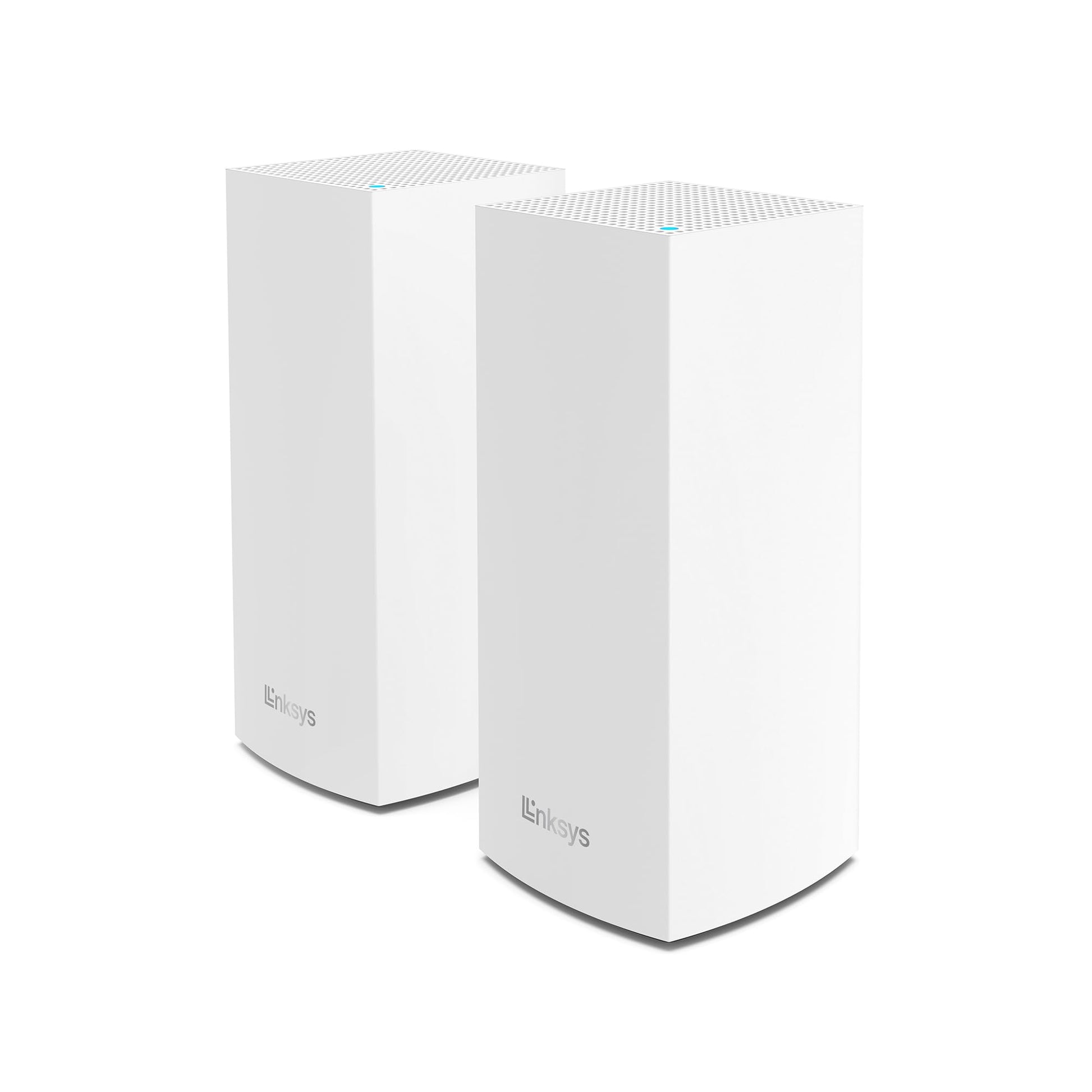 Linksys Velop MX8400 WLAN Mesh (2er) - AX4200: Zwei weiße, quaderförmige Mesh-WLAN-Router. Sie erweitern das WLAN-Signal für eine stabile, großflächige drahtlose Netzwerkabdeckung im Heimbereich.

