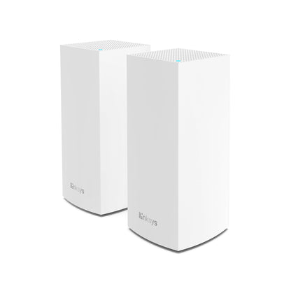 Linksys Velop MX8400 WLAN Mesh (2er) - AX4200: Zwei weiße, quaderförmige Mesh-WLAN-Router. Sie erweitern das WLAN-Signal für eine stabile, großflächige drahtlose Netzwerkabdeckung im Heimbereich.

