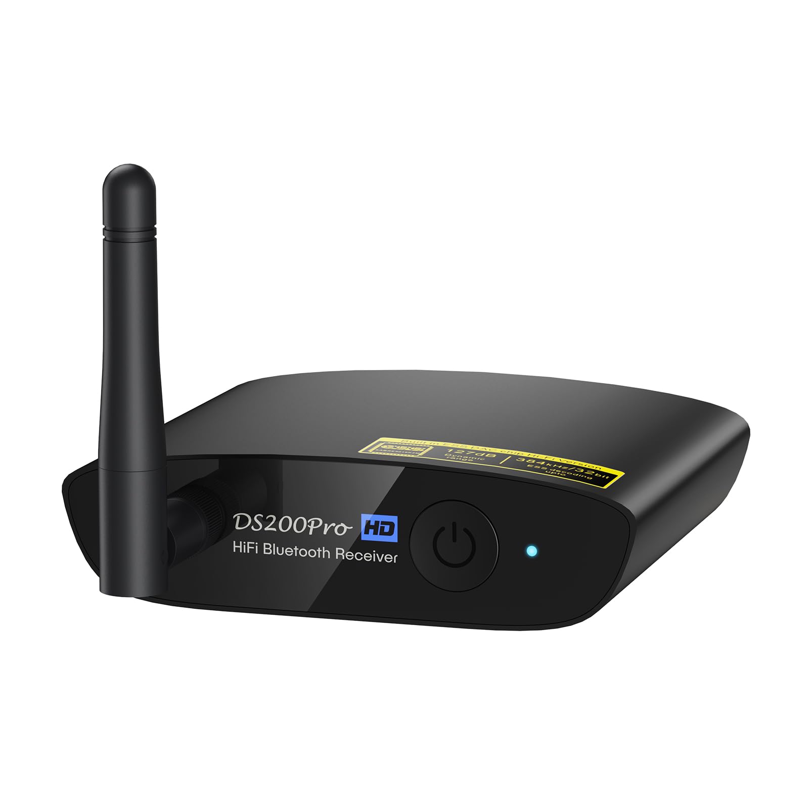 1Mii Bluetooth 5.3 HiFi Empfänger LDAC aptX HD – Schwarz. Schwarzes, kompaktes Gerät empfängt Bluetooth-Audiosignale für Stereoanlagen.