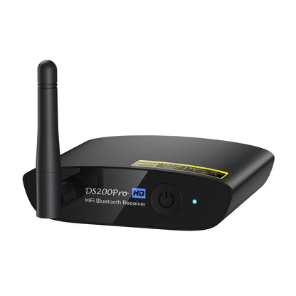 1Mii Bluetooth 5.3 HiFi Empfänger LDAC aptX HD – Schwarz. Schwarzes, kompaktes Gerät empfängt Bluetooth-Audiosignale für Stereoanlagen.