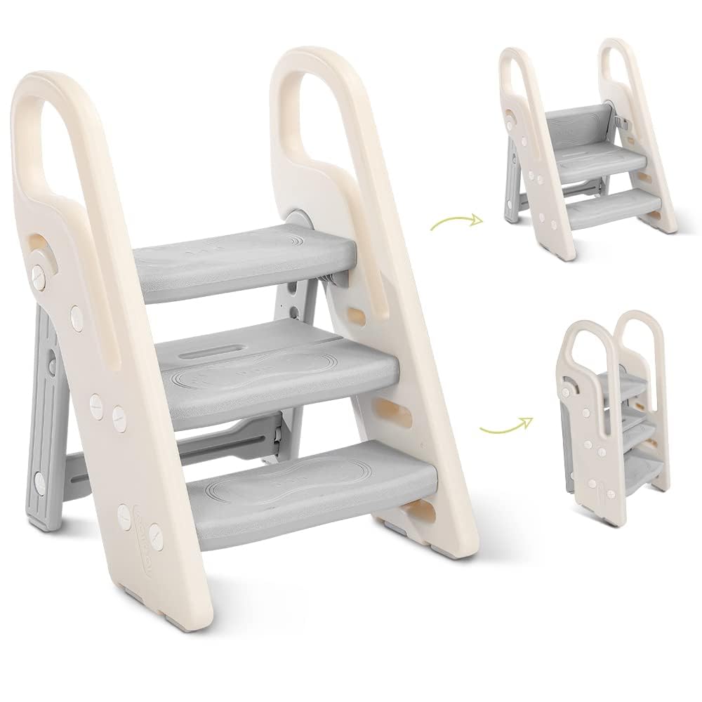 Onasti Tritthocker für Kinder, 2-3 Stufen höhenverstellbar, faltbar, grau