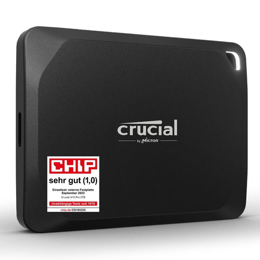 Crucial X10 Pro Externe SSD 4TB mit USB-C für PC & Mac: schwarzes Kompaktgehäuse zum schnellen Datenspeichern und -übertragen.