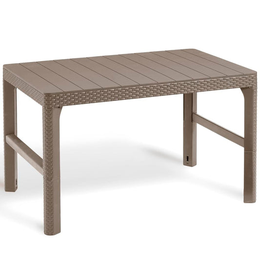 Keter Lyon Gartentisch höhenverstellbar - Cappuccino. Rechteckiger, brauner Tisch. Höhenverstellbare Funktion für flexible Nutzung im Garten oder auf der Terrasse.
