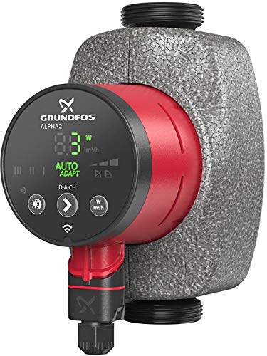 Grundfos ALPHA2 Heizungsumwälzpumpe 25-60 180mm 230V. Graue Kompaktpumpe mit schwarzem Motorblock. Pumpt Heizungswasser im Kreislauf.