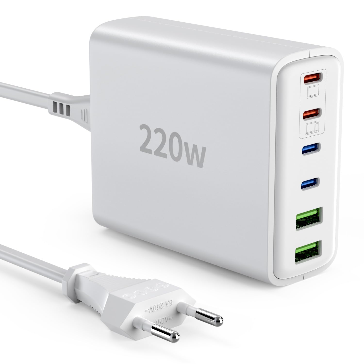 Ombrex USB-C Ladegerät 220W, 6-Port Schnellladegerät mit PD & QC, weiss, mit 4 USB-C- und 2 USB-A-Ports