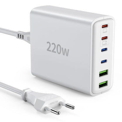 Ombrex USB-C Ladegerät 220W, 6-Port Schnellladegerät mit PD & QC, weiss, mit 4 USB-C- und 2 USB-A-Ports