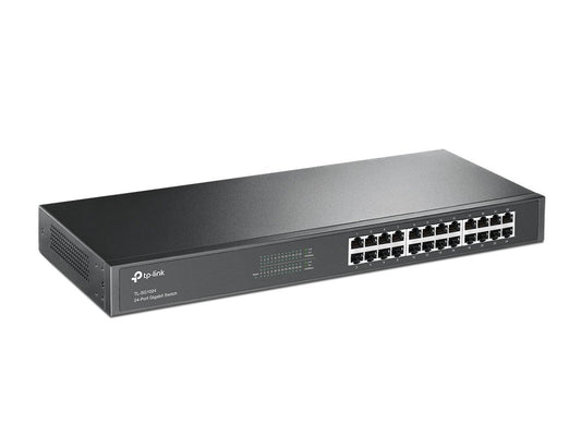 TP-Link TL-SG1024 24 Port Gigabit Switch unmanaged Rack-Montage. Schwarzes Rack-Gehäuse, 24 RJ45-Ports. Verbindet Gigabit-Netzwerkgeräte.