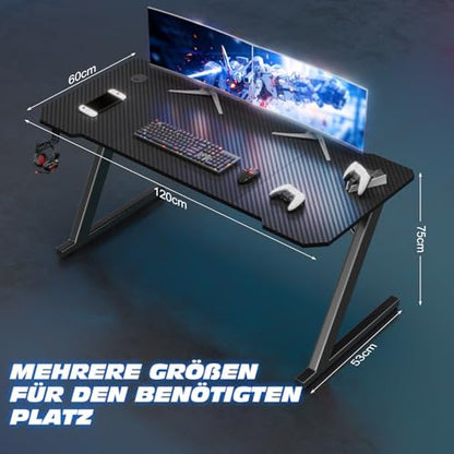 TRIUMPHKEY Gaming Tisch 120x60cm Gaming Schreibtisch - Kohlefaser Schwarz