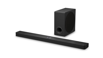 LG DS90TY 5.1.3 Dolby Atmos Soundbar mit Subwoofer, Schwarz. Schwarze Soundbar und Subwoofer für raumfüllenden Dolby Atmos Heimkino-Klang.