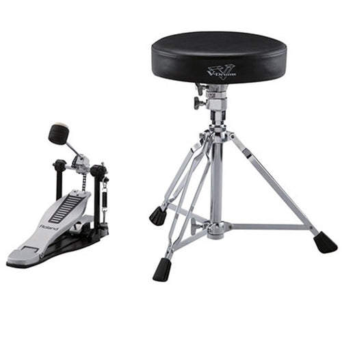 Roland DAP-3X V-Drums Zubehörpaket für elektronisches Schlagzeug. Schwarze Drumsticks, Bassdrum-Pedal und runder Hocker. Zur Basisausstattung.