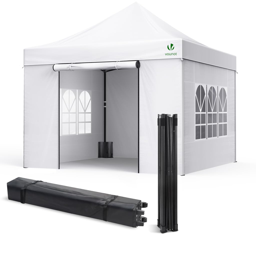 VOUNOT Pavillon 3x3m Pop Up Faltpavillon Partyzelt - Weiss. Weißer 3x3m Pop Up Faltpavillon, bietet Schutz für Veranstaltungen.