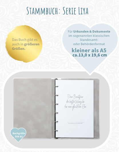 Familienstammbuch Liya aus Samt, Grau mit Goldprägung, inkl. Einleger