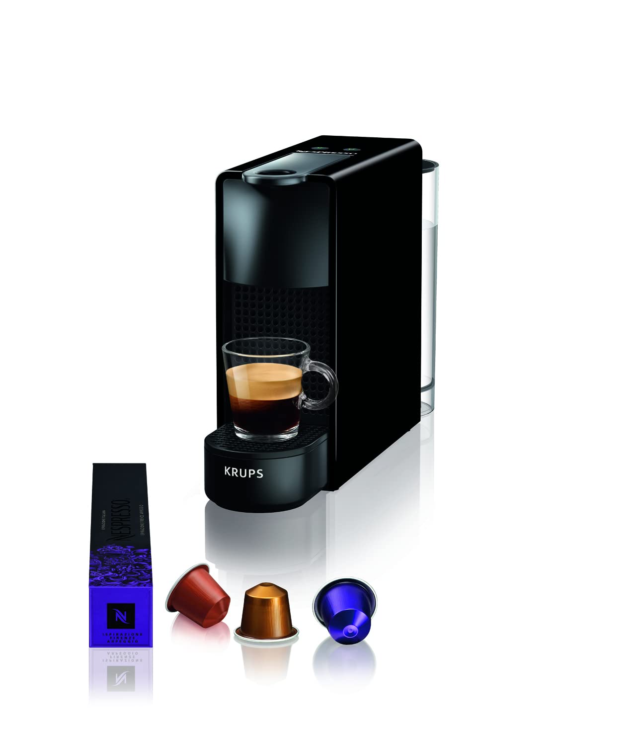 Nespresso Krups Essenza Mini Kapselmaschine - Schwarz YY2910FD. Kompaktes schwarzes Gerät zur Zubereitung von Nespresso Kapselkaffee.