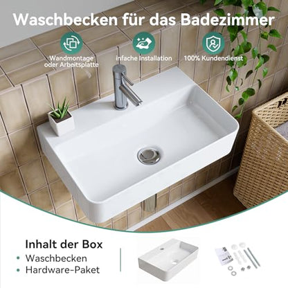 HOROW Rechteck Hängewaschbecken Keramik - Weiss 46x30cm ohne Überlauf