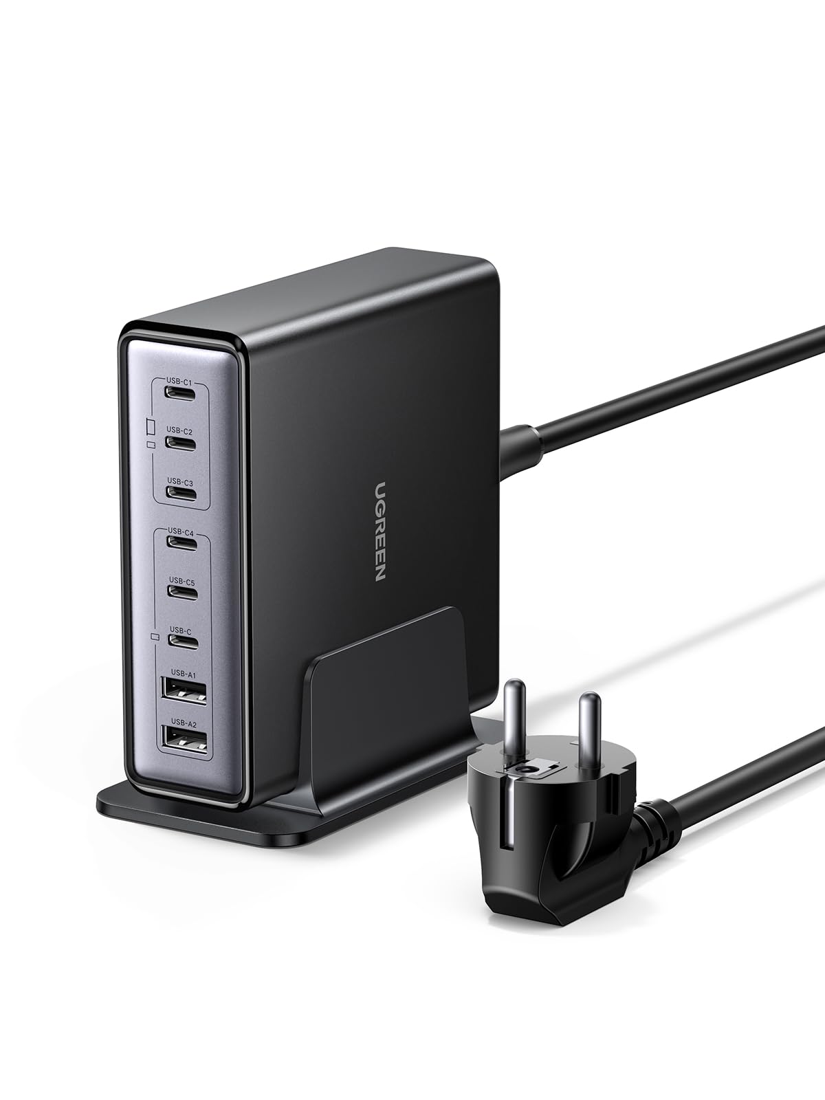 UGREEN 200W GaN USB C Ladestation - 8-Port Desktop PD Netzteil. Rechteckiges, schwarzes Gerät. Lädt mehrere Endgeräte gleichzeitig via USB C mit Power Delivery.