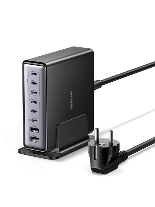UGREEN 200W GaN USB C Ladestation - 8-Port Desktop PD Netzteil. Rechteckiges, schwarzes Gerät. Lädt mehrere Endgeräte gleichzeitig via USB C mit Power Delivery.