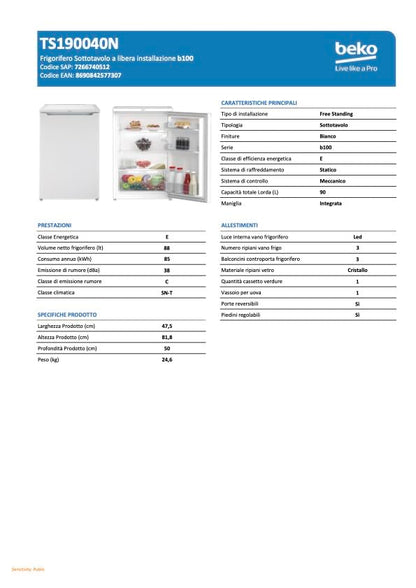 Beko TS190040N Standkühlschrank 88L - Weiss