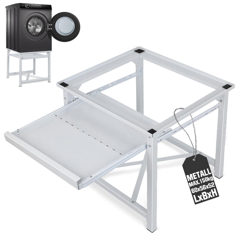 Stahl Untergestell Waschmaschine Trockner – Ablage 60x56x52 cm. Robuster Stahlrahmen. Erhöht Geräte zum ergonomischen Beladen.