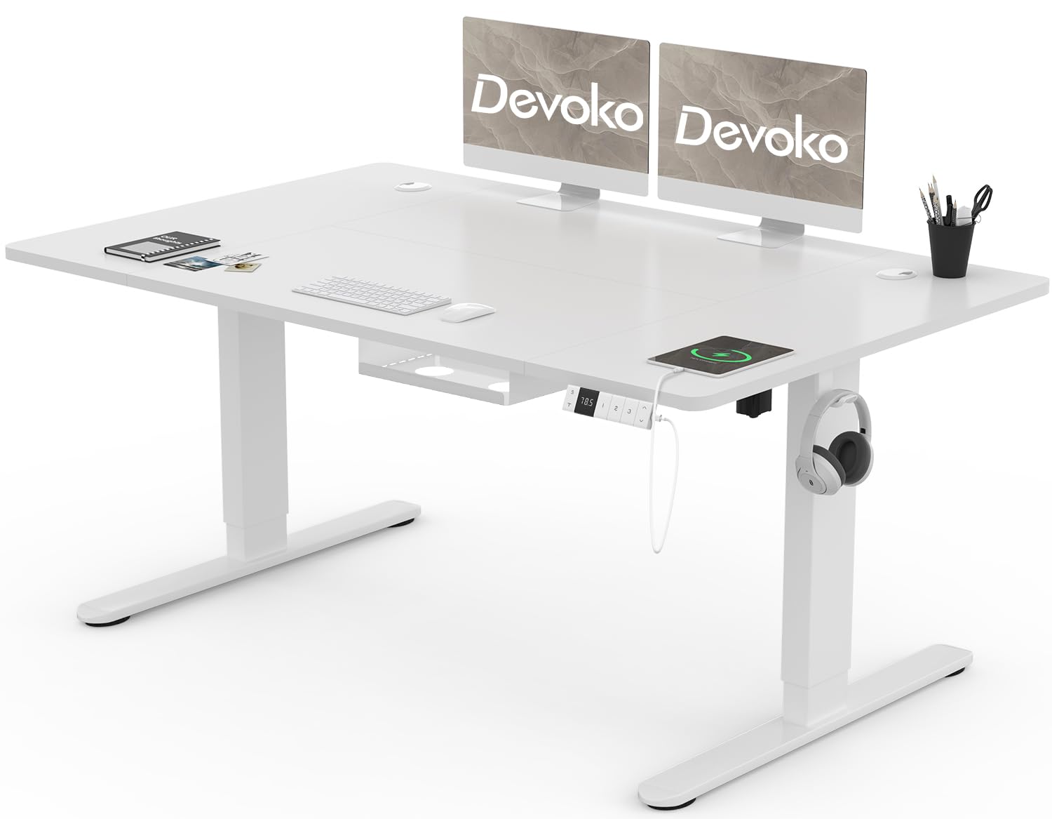 Devoko Elektrischer Stehschreibtisch 140x80cm - Weiss mit USB-C, elektrisch höhenverstellbar für ergonomisches Arbeiten.