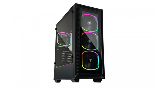 Enermax Starryfort SF30 RGB-Tower. Schwarzes, rechteckiges PC-Gehäuse mit integrierter RGB-Beleuchtung. Es beherbergt Hardware-Komponenten für einen Gaming-Computer.
