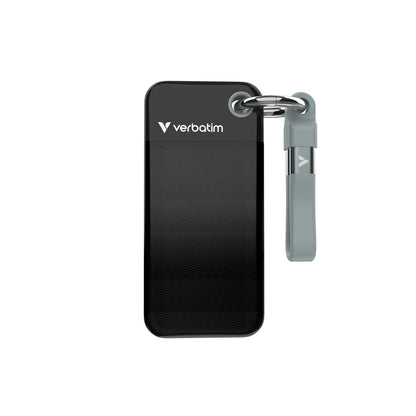 Verbatim Pocket SSD 1 TB Externe SSD - Schwarz/Grau. Kompakt, rechteckig, schwarz-graues Gehäuse. Bietet schnellen, portablen Datenspeicher.