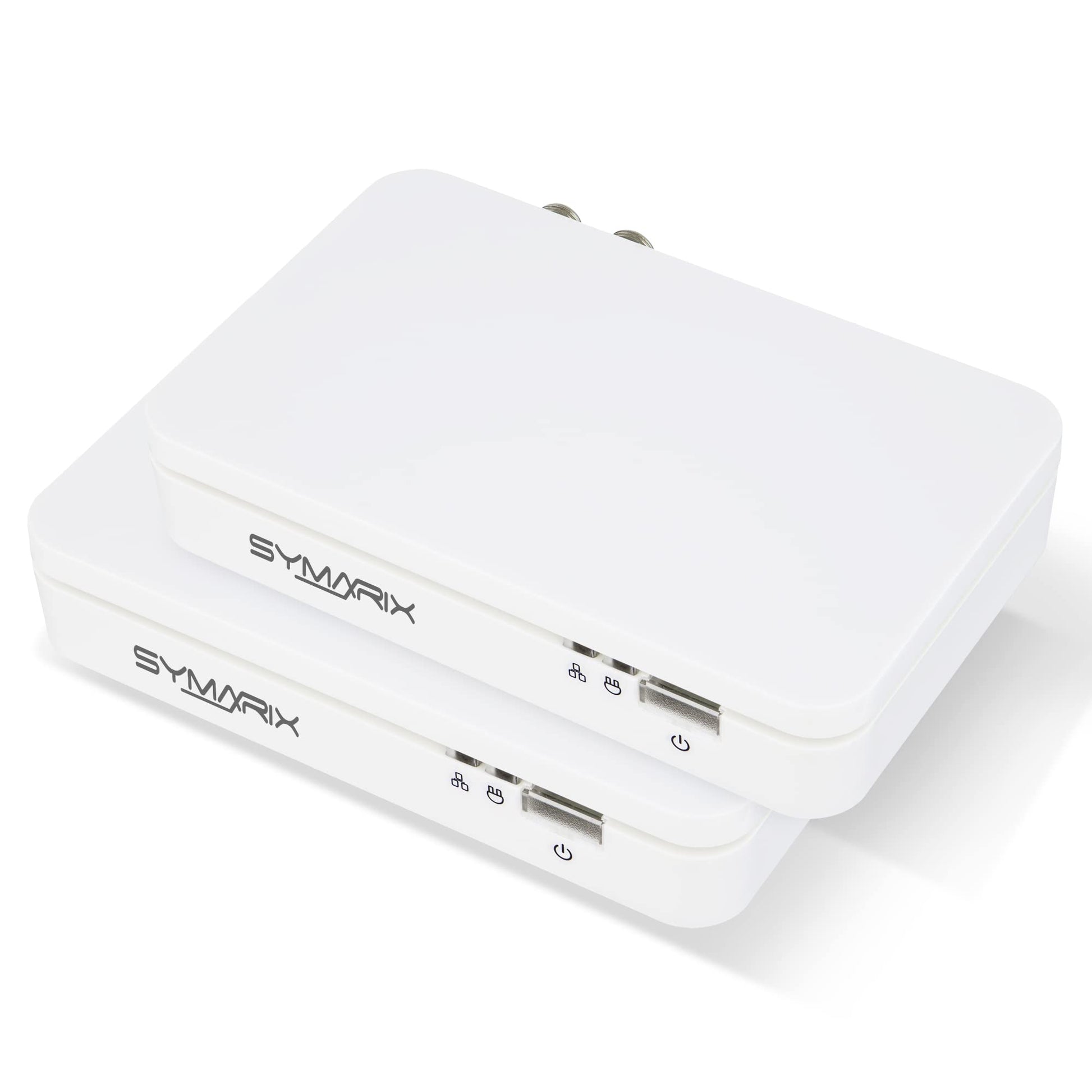 SYMARIX TGU 21 G.hn Wave-2 EoC Gigabit Modem - Starter-Set. Weißes Modem, das Gigabit-Netzwerke über Koaxialkabel ermöglicht.