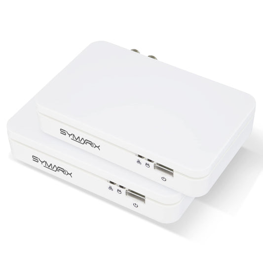 SYMARIX TGU 21 G.hn Wave-2 EoC Gigabit Modem - Starter-Set. Weißes Modem, das Gigabit-Netzwerke über Koaxialkabel ermöglicht.