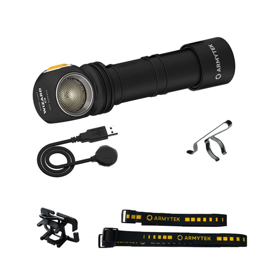 Armytek Wizard C2 v4 Stirnlampe – Warmweiss, Schwarz, aufladbar. Schwarze Kopflampe für freihändige warmweiße Ausleuchtung.