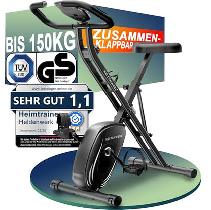 HELDENWERK Heimtrainer klappbar FlexiFoam Ergometer 150kg. Kompakter, klappbarer Ergometer in Schwarz/Grau mit Display für Herz-Kreislauf-Training.
