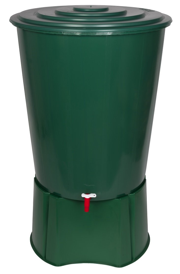 Kreher Regentonne 310 Liter mit Stand, Wasserhahn und Deckel, Grün – bauchige Form aus Kunststoff