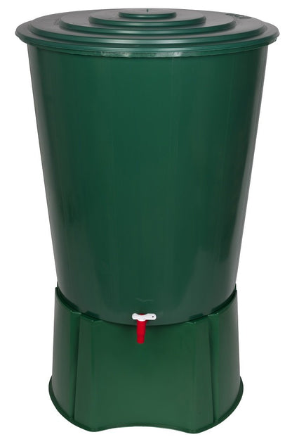 Kreher Regentonne 310 Liter mit Stand, Wasserhahn und Deckel, Grün – bauchige Form aus Kunststoff