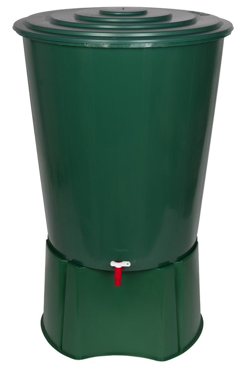 Kreher Regentonne 310 Liter mit Stand, Wasserhahn und Deckel, Grün – bauchige Form aus Kunststoff