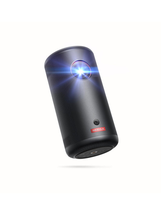 Nebula Capsule3 Mini Beamer – 1080p Smart Projektor GTV: Kompakter, zylindrischer Beamer in Schwarz für Full HD Heimkino via Google TV.