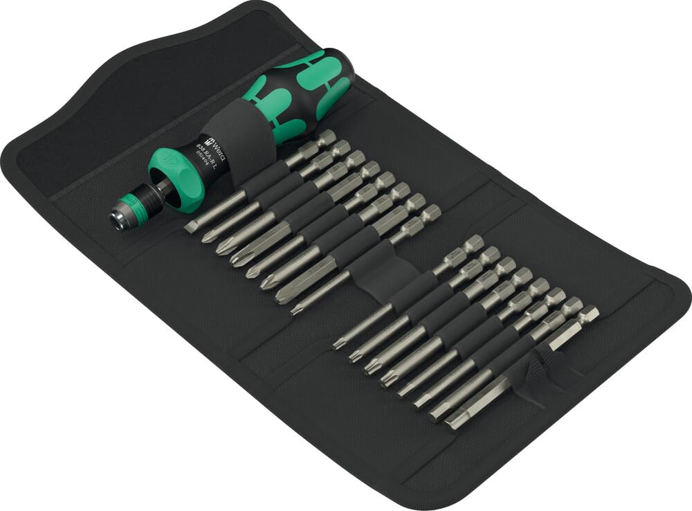 Wera Kraftform Kompakt 60 RA-R 1 Bit-Set - 17-teilig. Grüner/schwarzer Ratschen-Schraubendreher mit Bits für präzise Verschraubungen.