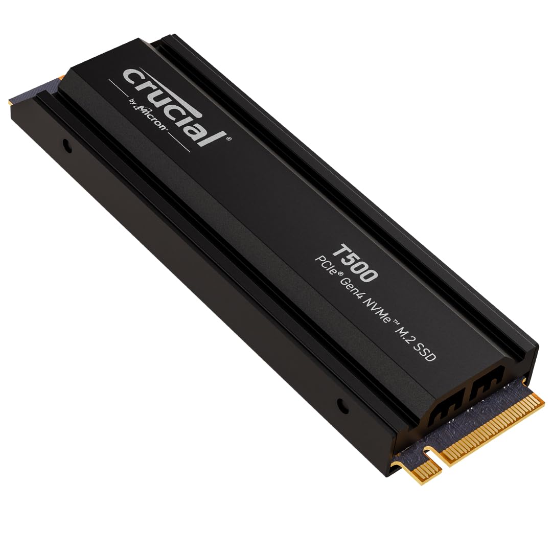 Crucial T500 SSD 2TB PCIe Gen4 NVMe M.2 mit Kühlkörper. Dunkle Platine mit Kühlkörper; schneller NVMe-Speicher für PCs.