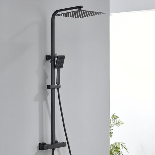 Auralum Duschsystem mit Thermostat, Regendusche 30 x 30 cm, schwarz, eckige Kopfbrause aus Edelstahl