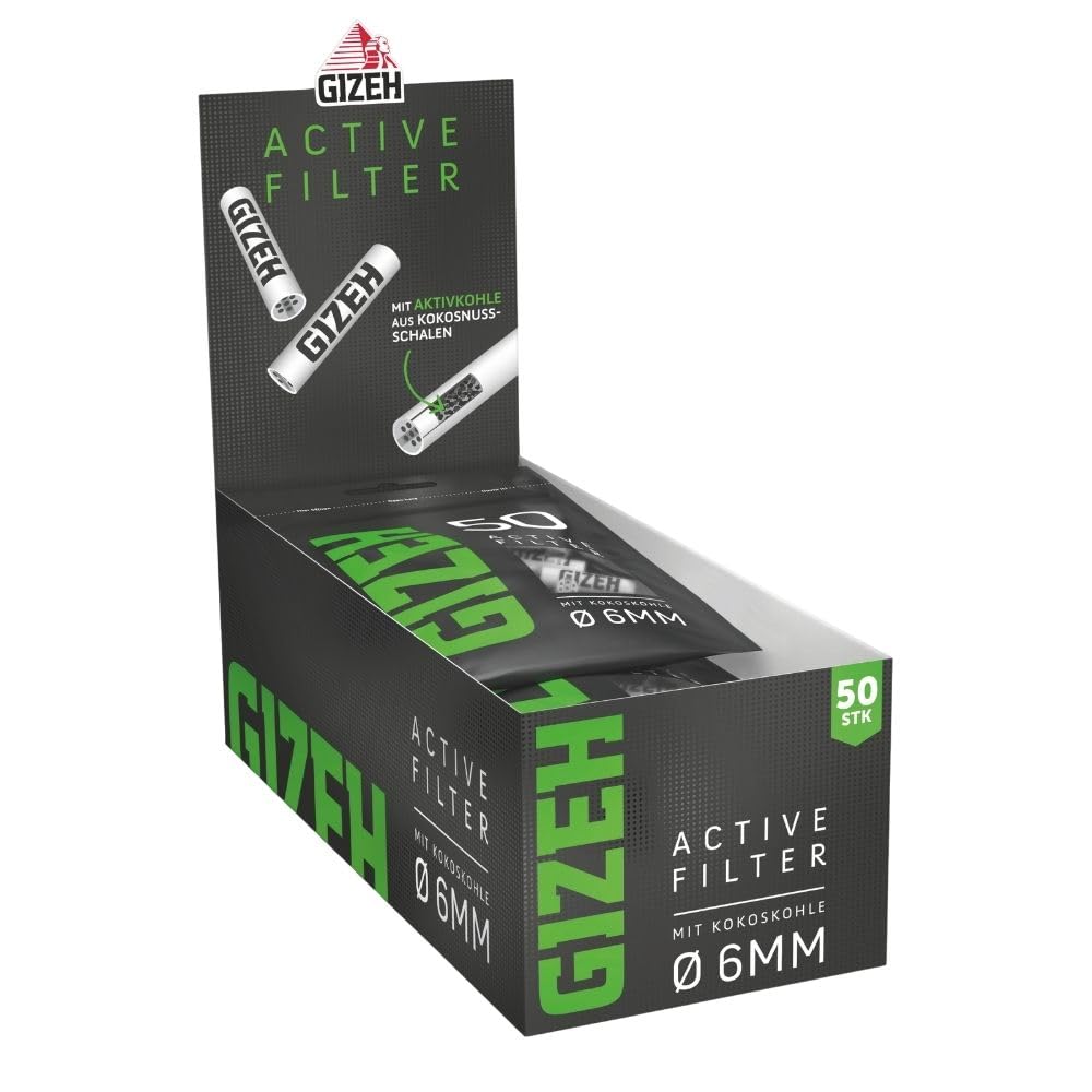GIZEH BLACK Active Filter Aktivkohlefilter slim 6mm – 10x50 Stk. Schwarze, zylindrische Filter zum Reduzieren von Schadstoffen in Selbstgedrehten.