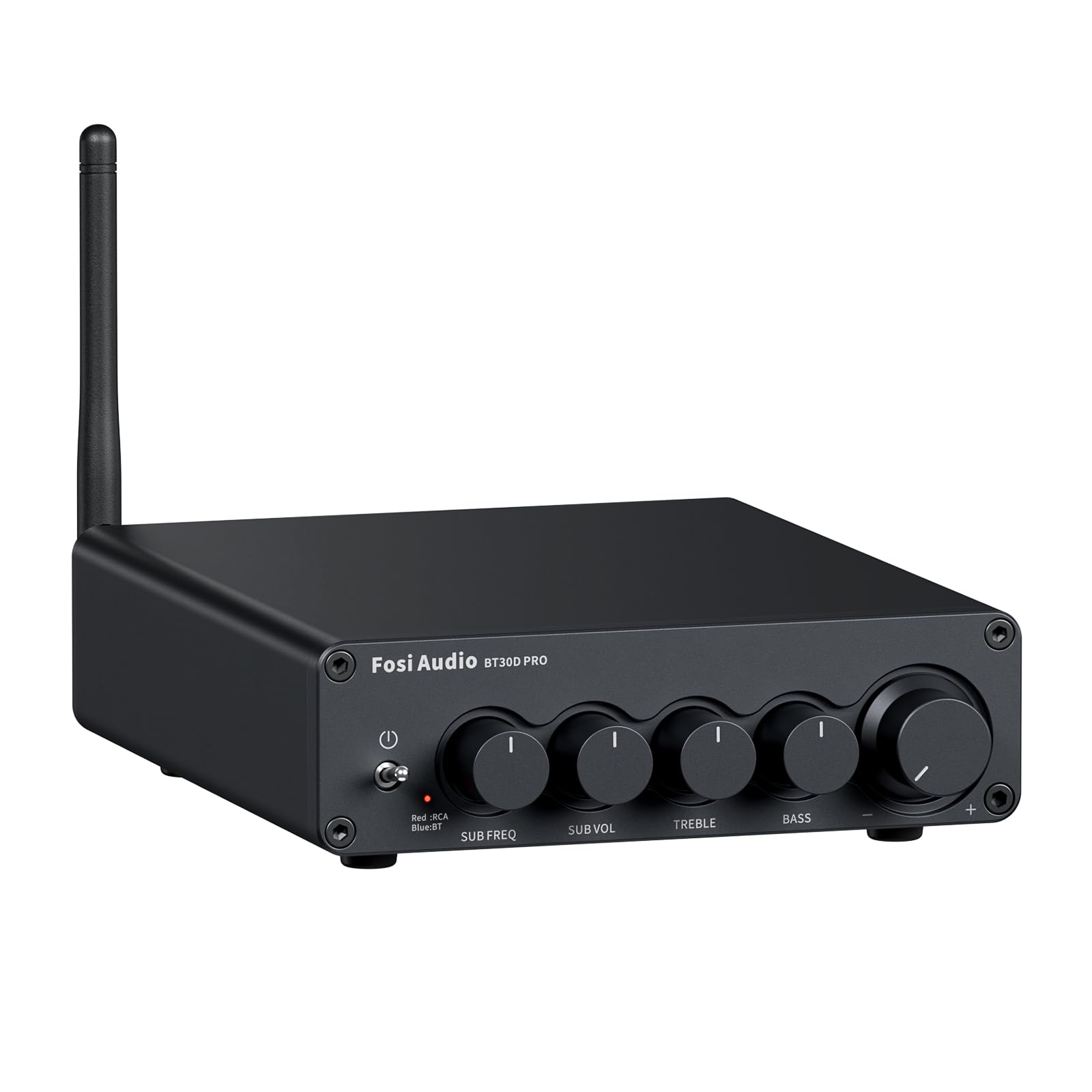 Fosi Audio BT30D Pro Bluetooth HiFi Verstärker 2.1 Kanal. Schwarz, rechteckig. Verstärkt Bluetooth-Audiosignale für 2 Lautsprecher + Subwoofer.