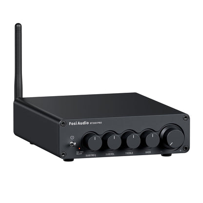 Fosi Audio BT30D Pro Bluetooth HiFi Verstärker 2.1 Kanal. Schwarz, rechteckig. Verstärkt Bluetooth-Audiosignale für 2 Lautsprecher + Subwoofer.