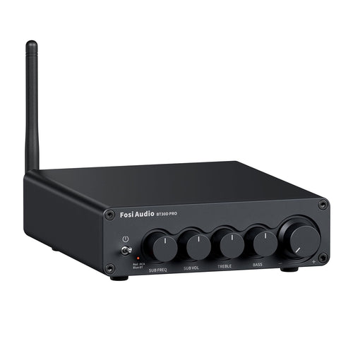 Fosi Audio BT30D Pro Bluetooth HiFi Verstärker 2.1 Kanal. Schwarz, rechteckig. Verstärkt Bluetooth-Audiosignale für 2 Lautsprecher + Subwoofer.