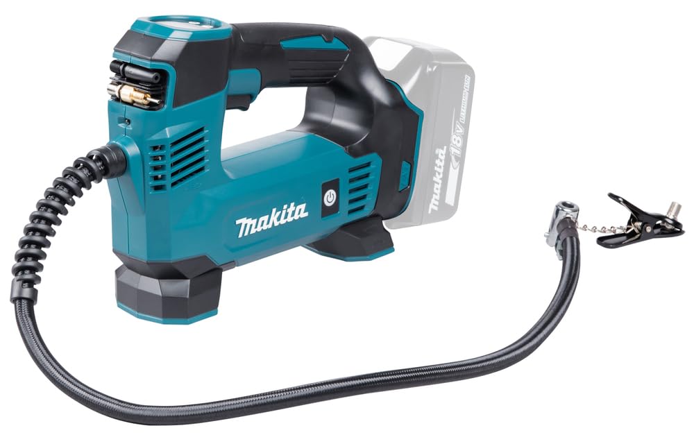 Makita DMP180Z Akku-Kompressor 8.3 bar 18V. Kompakter, blau-schwarzer Kompressor. Pumpt Reifen und Bälle bis 8.3 bar auf.