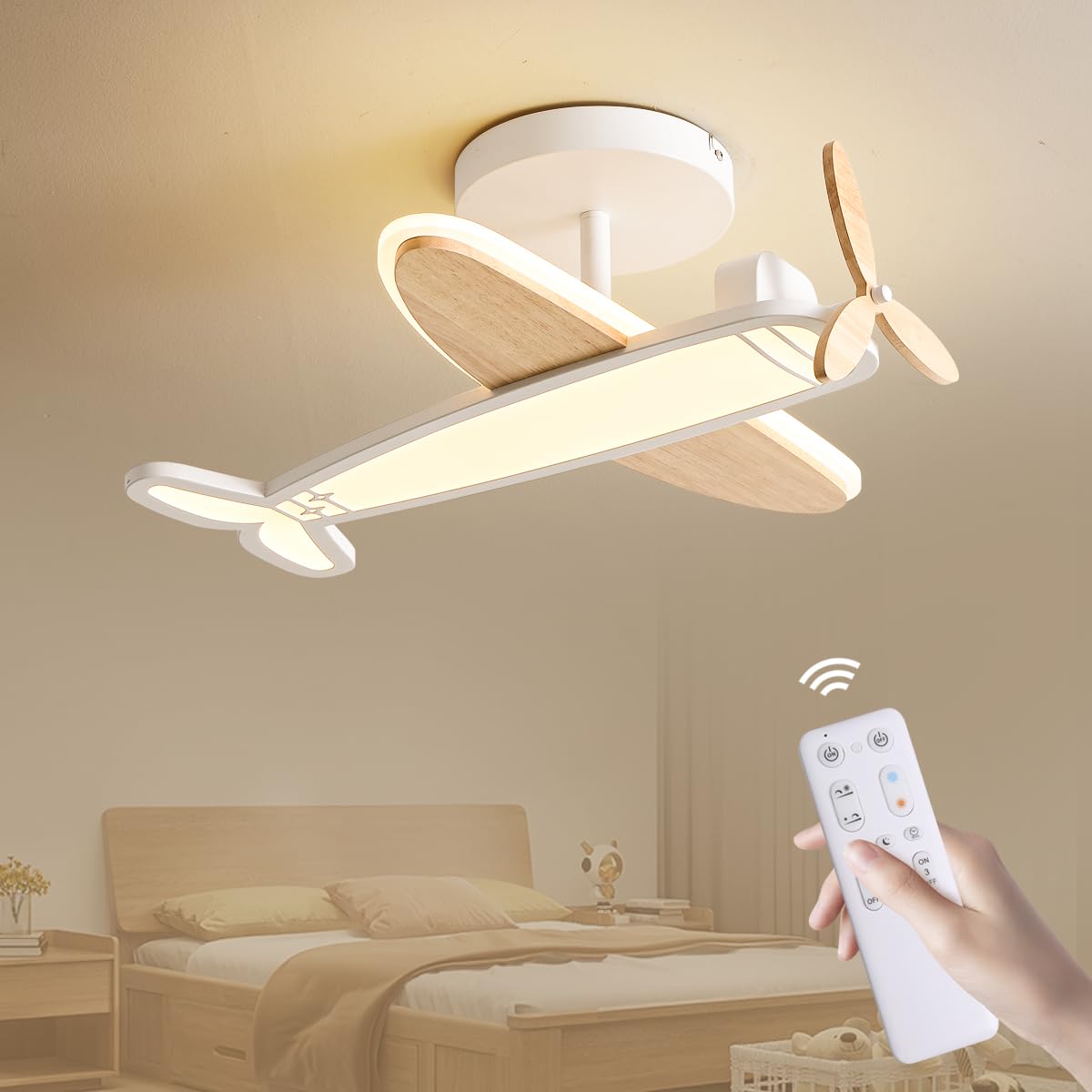 Epochglo Flugzeug LED Deckenleuchte Dimmbar für Kinderzimmer, Ø53cm. Flugzeugförmige Deckenleuchte spendet dimmbares LED-Licht im Kinderzimmer.